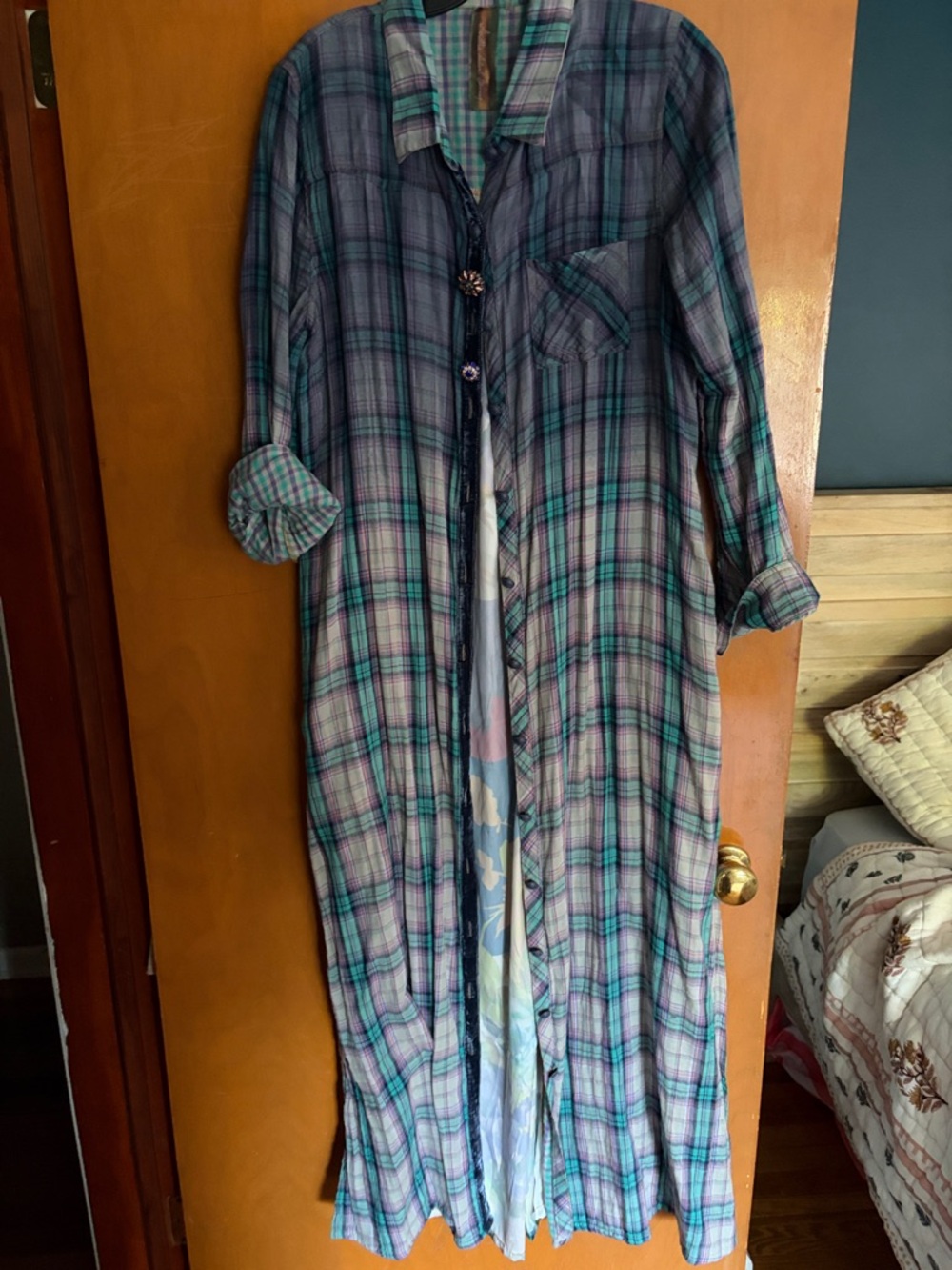 ARATTA Long Plaid Button-Up Shirt Dress in Teal and Purple